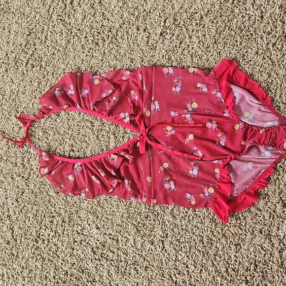 NWT HAH Free People Bodysuit Floral Red Ruffled Large "Cheap Perfume Wino" - Picture 4 of 7